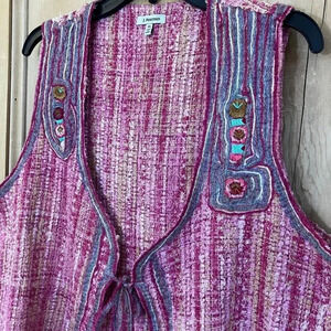 J. Peterman Womens Tweed Embroidered Flowers Tie Vest Jacket Size XL Pink SP EXC